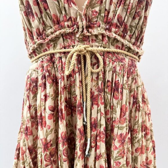 Free People Boho Floral Plunge Halter Neck Swing Sundress Rope Tie Waist Women M - Picture 7 of 9